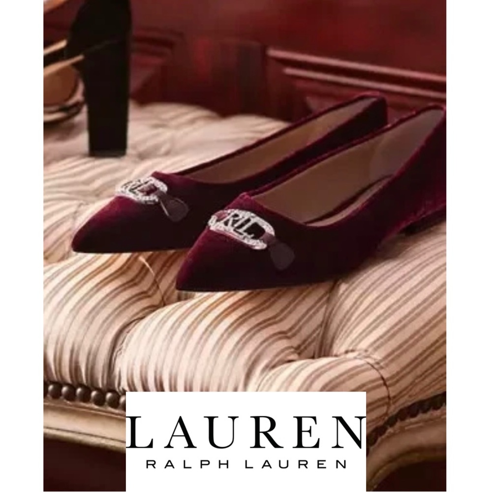 NEW Lauren Ralph Lauren Women's Deep Red Velvet Diamond bling flats